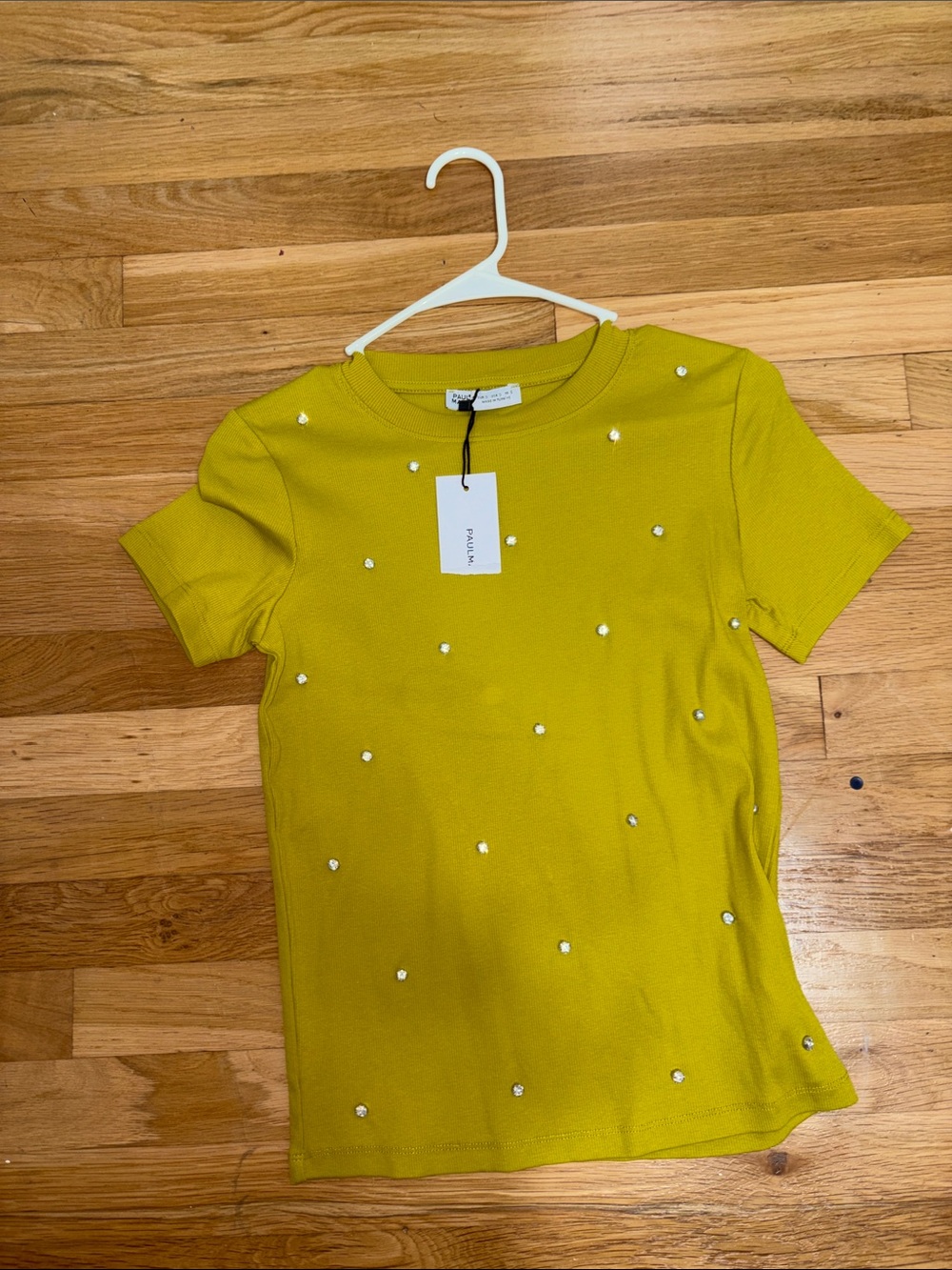 Pearl-Embellished Short Sleeve Top in Chartreuse -